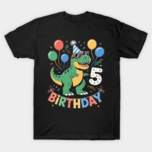 Kids 5 Year Old T Rex Dinosaur 5nd Birthday Boy T-Shirt
